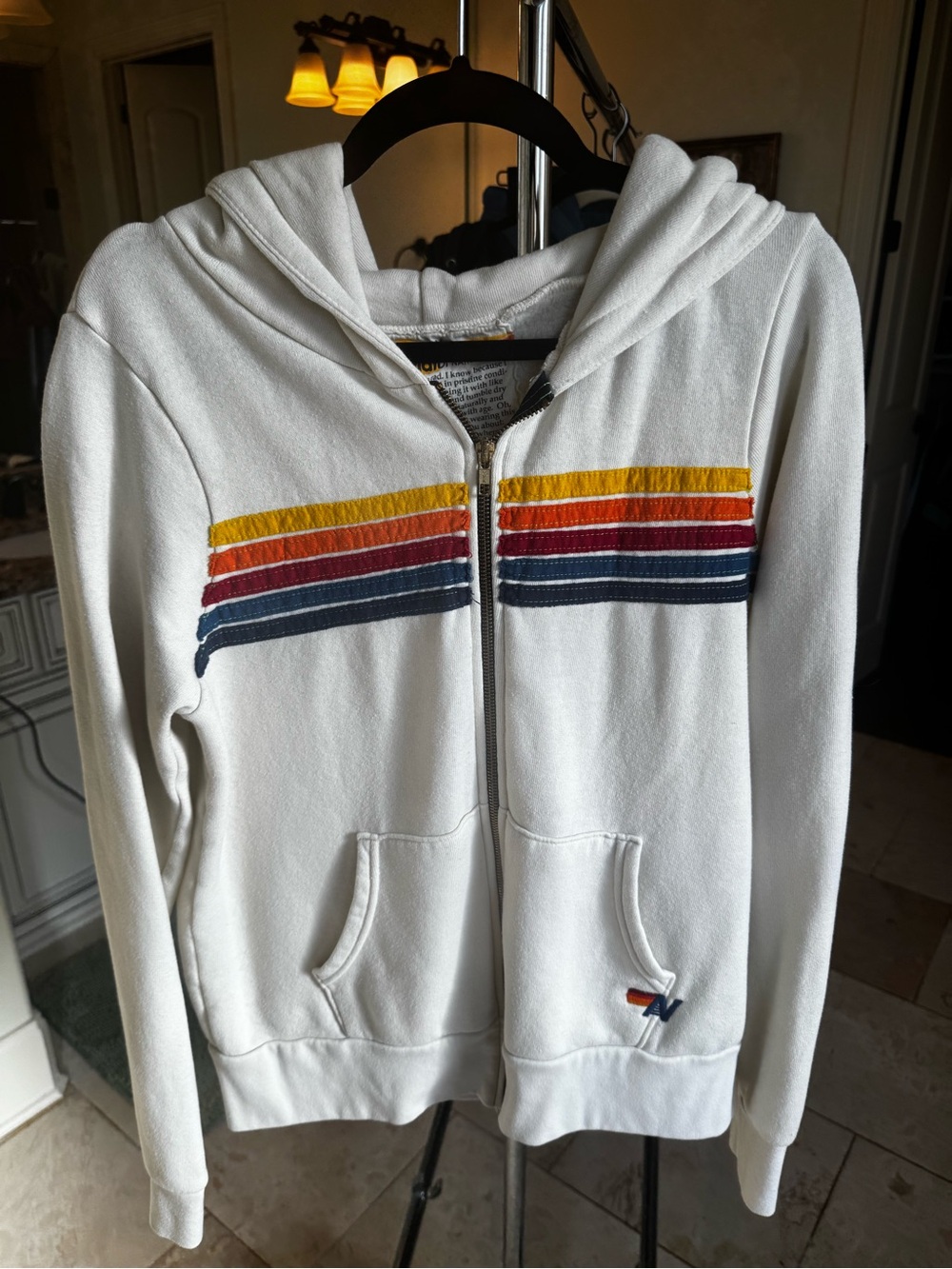 Aviator Nation Used White Zip Hoodie with Yellow Orange Red and Navy Stripes
